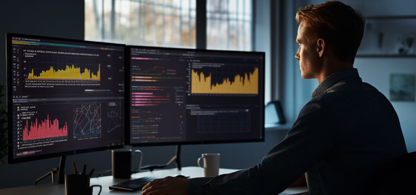 A person working on a computer with two screens implementing professional services automation.